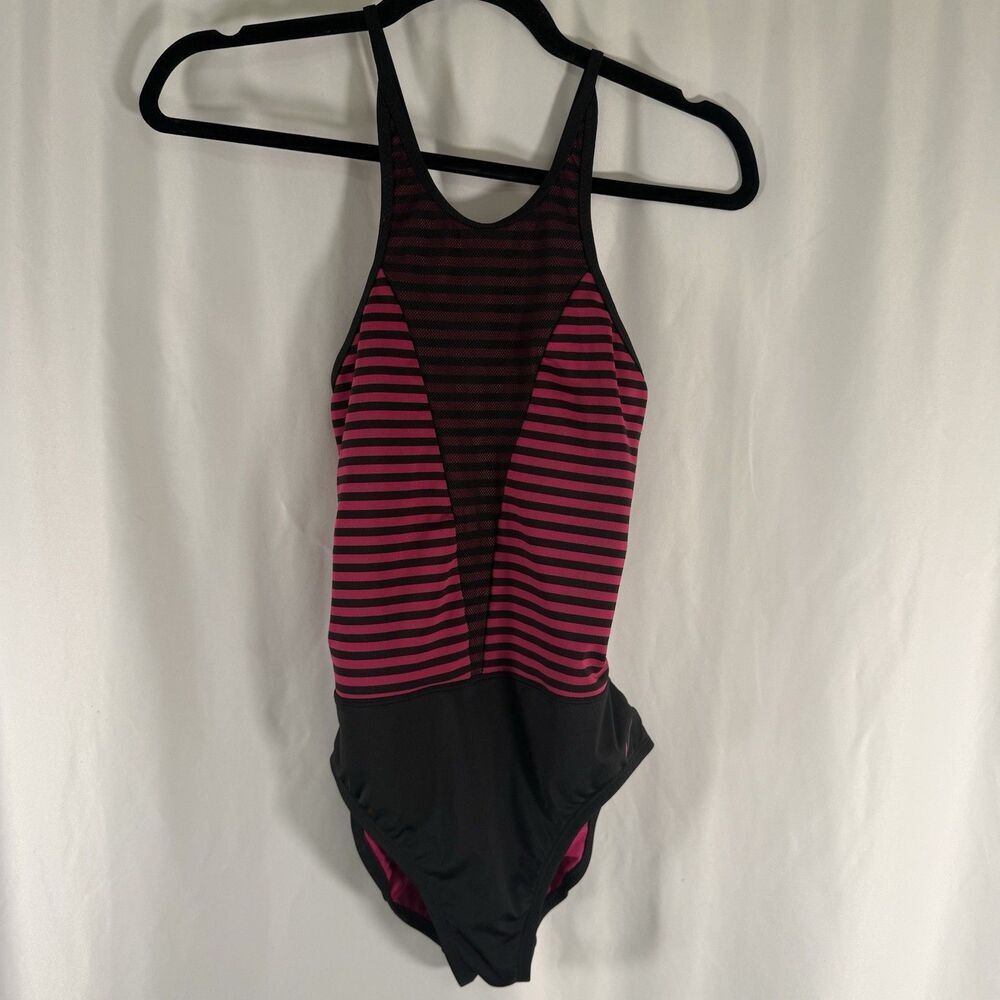 Nike One Piece Swimsuit Women's Small Black Pink Striped Tie Back High Neck